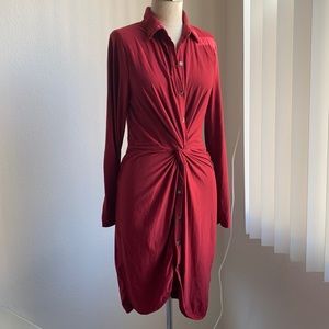Red opaque jersey knit shirt dress